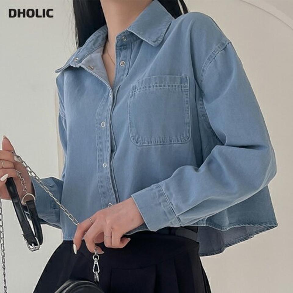 ポケットクロップドデニムシャツ・p003490 レディース 【bl】 韓国ファッション トップス シャツ カラーネック 長袖 クロップド デニム ワンポケット コットン ルーズフィット ゆったり 無地 大人カジュアル デイリー 春 カジュアル MKT