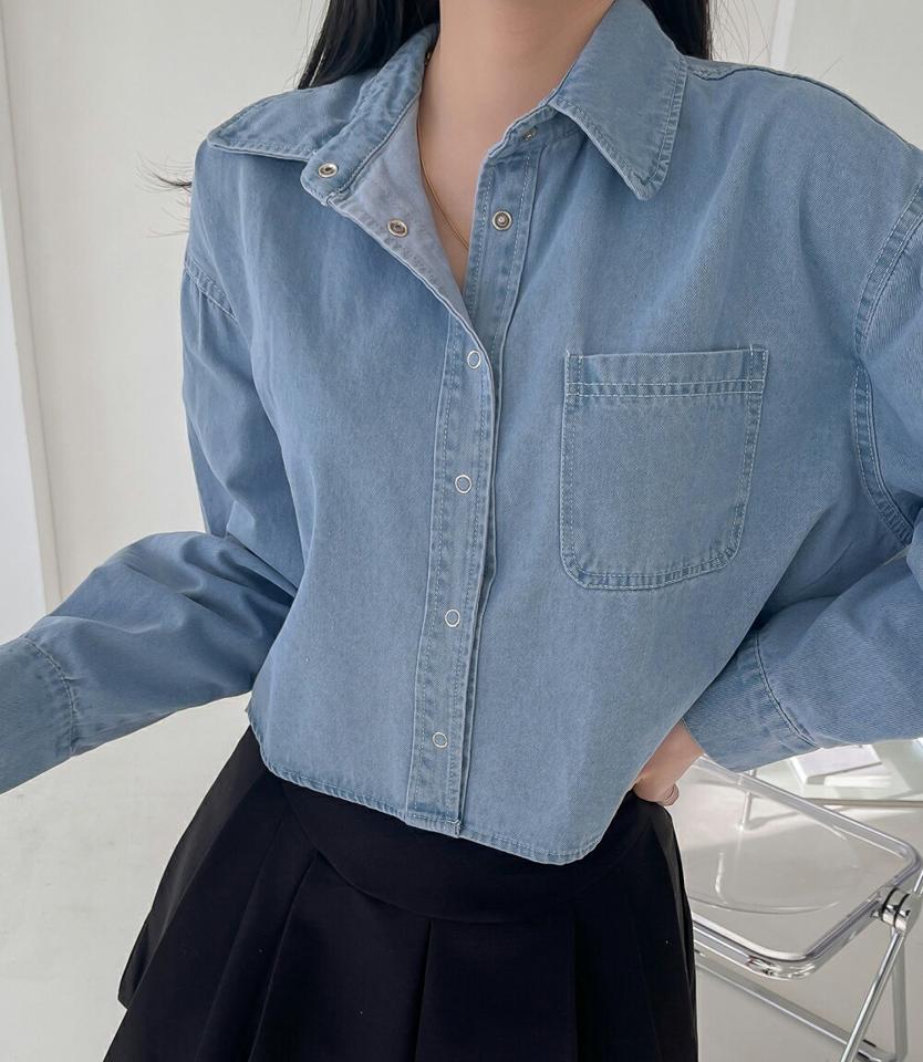 ポケットクロップドデニムシャツ・p003490 レディース 【bl】 韓国ファッション トップス シャツ カラーネック 長袖 クロップド デニム ワンポケット コットン ルーズフィット ゆったり 無地 大人カジュアル デイリー 春 カジュアル MKT
