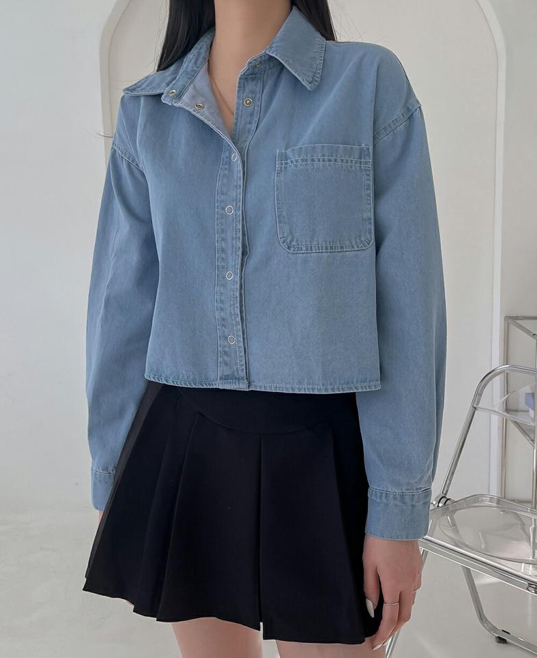 ポケットクロップドデニムシャツ・p003490 レディース 【bl】 韓国ファッション トップス シャツ カラーネック 長袖 クロップド デニム ワンポケット コットン ルーズフィット ゆったり 無地 大人カジュアル デイリー 春 カジュアル MKT