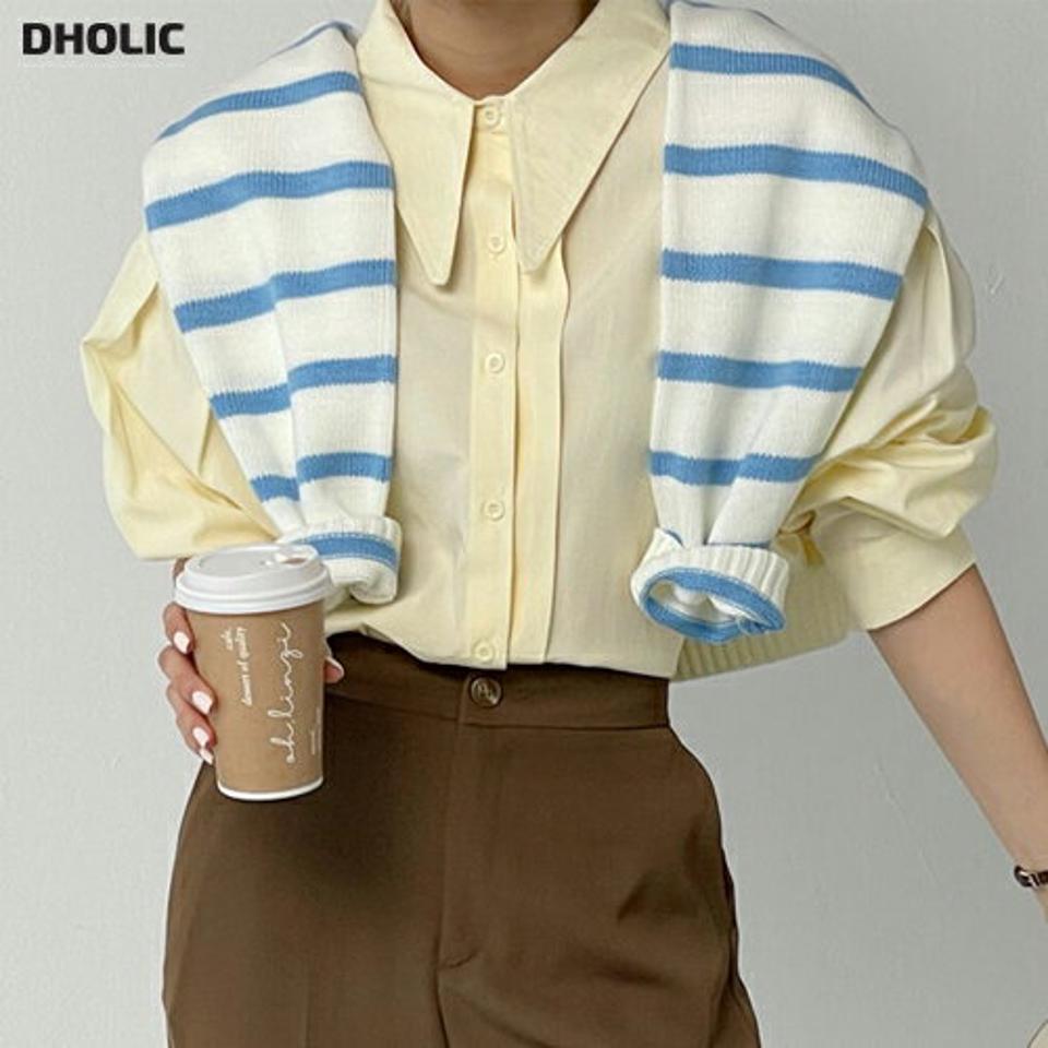 バリモアカラータックシャツ・t00251 レディース 【bl】トップス シャツ カラーネック 長袖 ドロップショルダー パフ バリモアカラー ラウンドヘム コットン 綿 無地 単色 シンプル かわいい 可愛い カジュアル フェミニン 春 秋 韓国ファッション