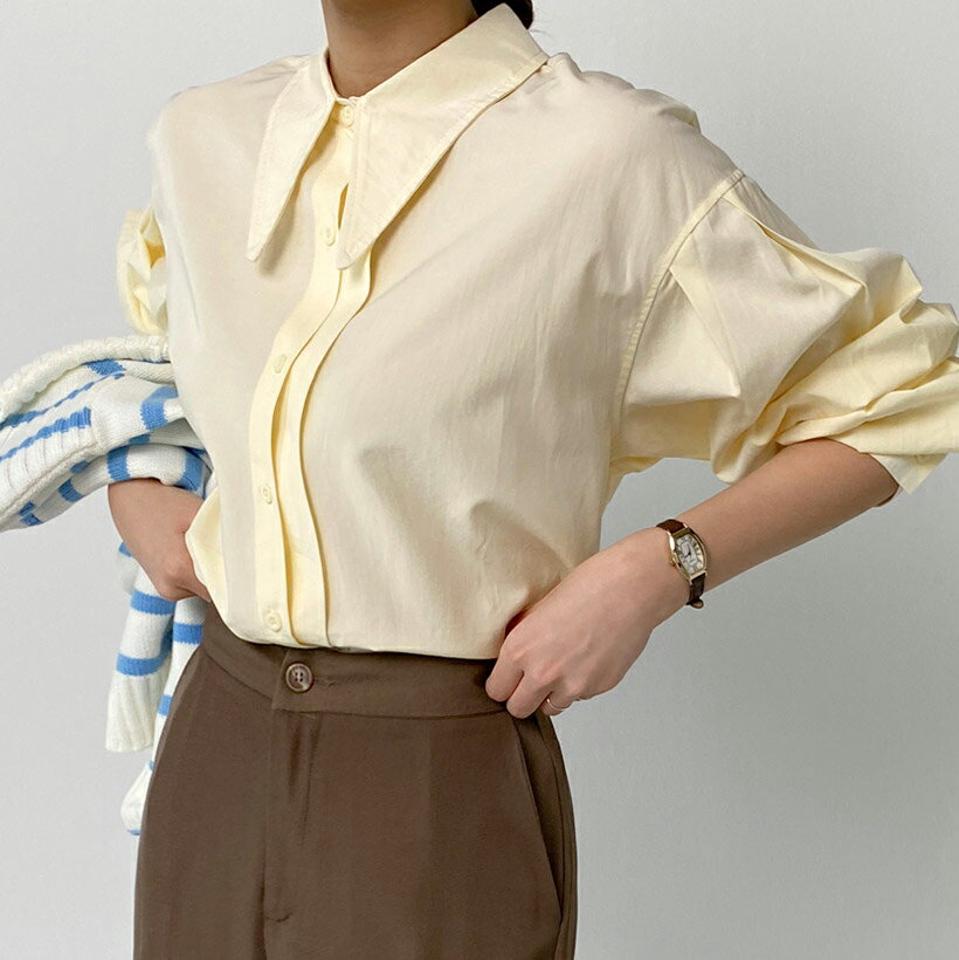 バリモアカラータックシャツ・t00251 レディース 【bl】トップス シャツ カラーネック 長袖 ドロップショルダー パフ バリモアカラー ラウンドヘム コットン 綿 無地 単色 シンプル かわいい 可愛い カジュアル フェミニン 春 秋 韓国ファッション