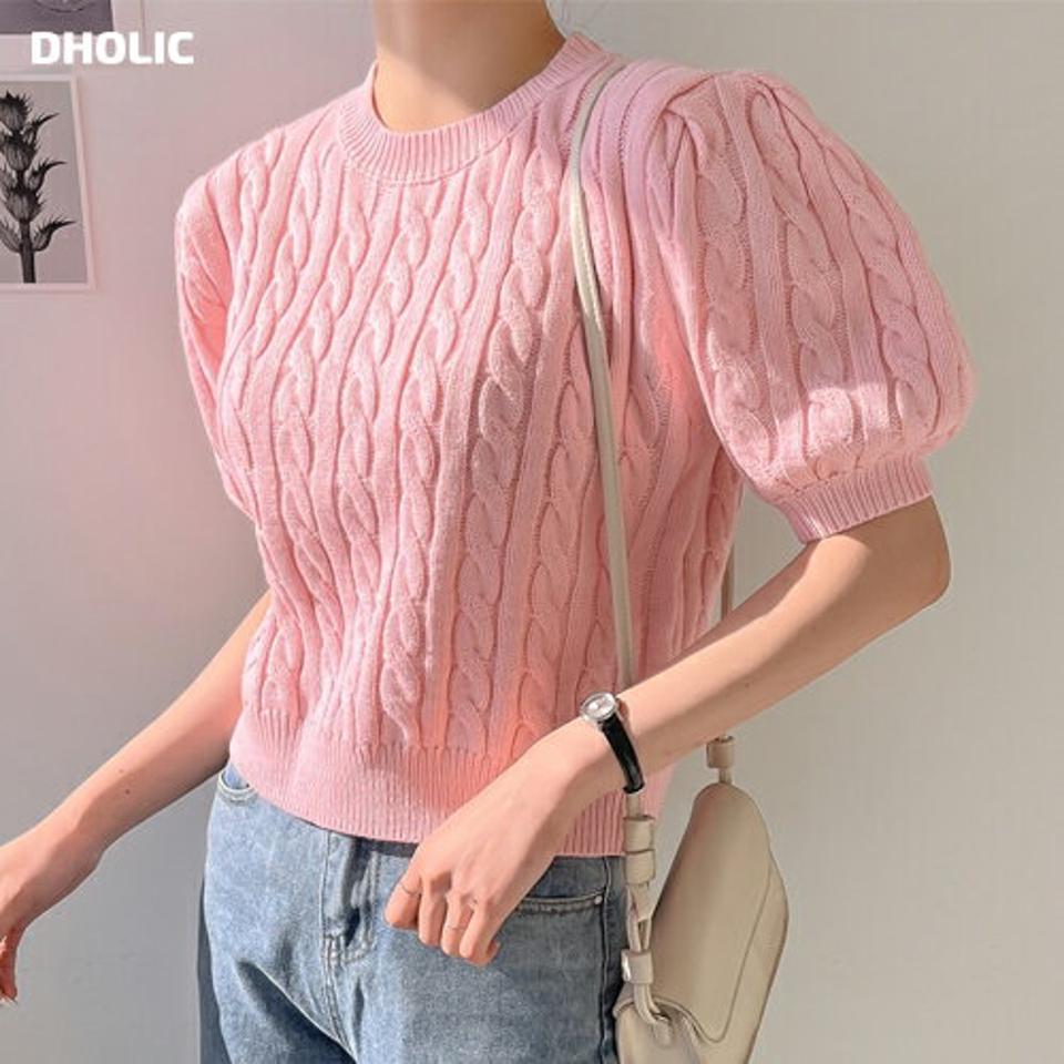 【マラソン特価】ケーブルパフ半袖ニット・p003486 レディース 【tops】 韓国ファッション トップス ニット ラウンドネック 半袖ニット パフスリーブ クロップド ケーブルニット リブヘム ボリューム 大人カジュアル シンプル お出かけ 春 夏 カジュアル MKT セール