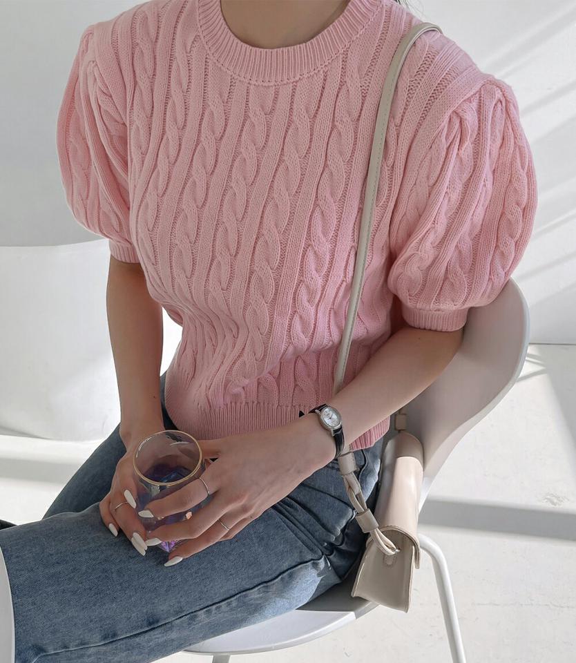 【マラソン特価】ケーブルパフ半袖ニット・p003486 レディース 【tops】 韓国ファッション トップス ニット ラウンドネック 半袖ニット パフスリーブ クロップド ケーブルニット リブヘム ボリューム 大人カジュアル シンプル お出かけ 春 夏 カジュアル MKT セール