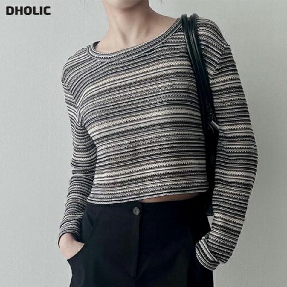クロップドマルチボーダーTシャツ・p003343 レディース 【tops】トップス Tシャツ 長袖 柄 模様 ボーダー クロップド丈 ドロップショルダー 秋 冬 カジュアル ラフ マルチ 韓国ファッション MKT