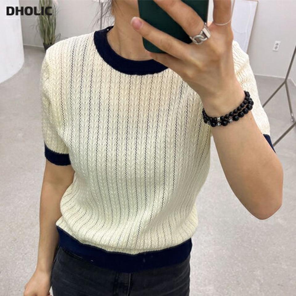 【4DAY限定SALE】モノトーン配色半袖ニット・p003446 レディース 【tops】トップス ニット セーター 半袖 柄 模様 配色 バイカラー モノトーン サマーニット 春 夏 かわいい 可愛い キュート 韓国ファッション MKT