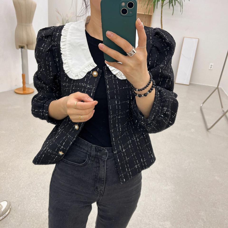 【10%OFF】配色カラーツイードブラウス・p003441 レディース 【bl】ブラウス トップス 長袖 柄 模様 ツイード 総柄 襟混 配色 上品 高級感 バール調 フェイクパール ボタン ぼたん 秋 冬 パフ袖 パフスリーブ キュート かわいい 可愛い 韓国ファッション MKT KWセール