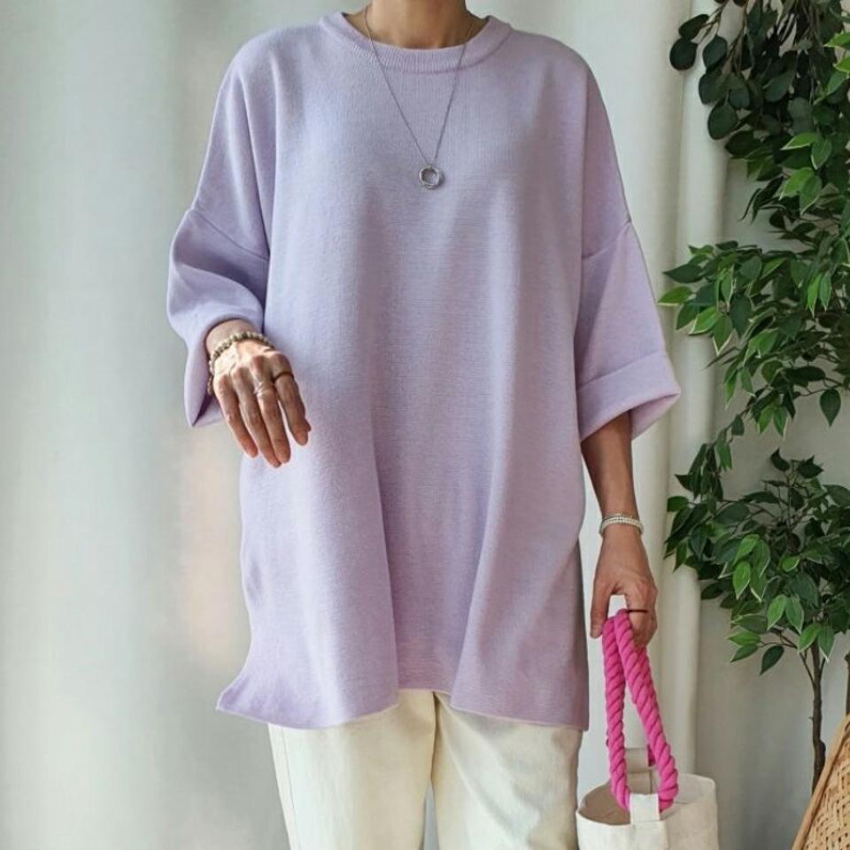 ドロップショルダーニット・p003569 レディース 【tops】トップス ニット セーター Tシャツ 七分袖 7分袖 ミドル丈 単色 無地 シンプル ベーシック ドロップショルダー ルーズ ラフ パステル 春 夏 カジュアル ラフ 韓国ファッション MKT