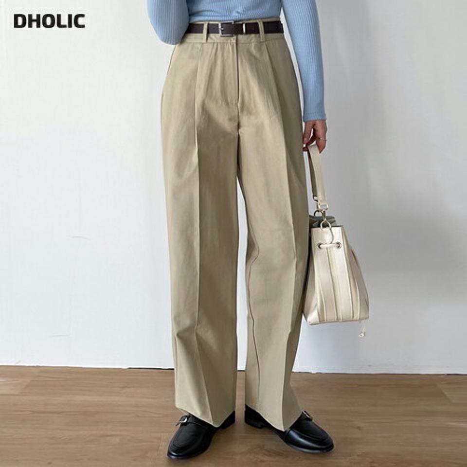 ベルト付タックスラックス・t00822 レディース 【pt】 韓国ファッション ボトムス パンツ スラックス ハイウエスト ロング丈 フルレングス ベルト付 タック コットン 綿100 ワイド ストレート 無地 シンプル 春 夏 カジュアル