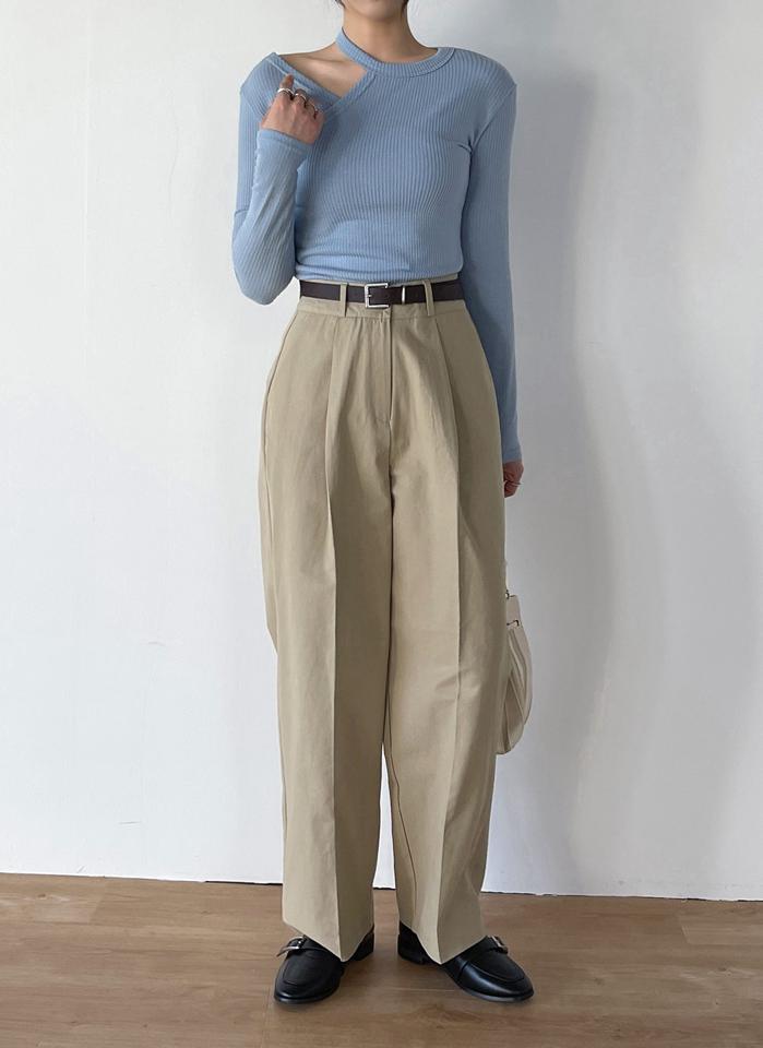 ベルト付タックスラックス・t00822 レディース 【pt】 韓国ファッション ボトムス パンツ スラックス ハイウエスト ロング丈 フルレングス ベルト付 タック コットン 綿100 ワイド ストレート 無地 シンプル 春 夏 カジュアル