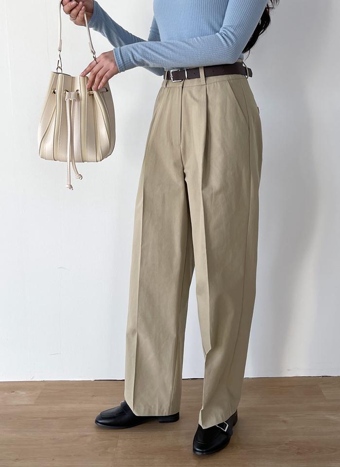 ベルト付タックスラックス・t00822 レディース 【pt】 韓国ファッション ボトムス パンツ スラックス ハイウエスト ロング丈 フルレングス ベルト付 タック コットン 綿100 ワイド ストレート 無地 シンプル 春 夏 カジュアル