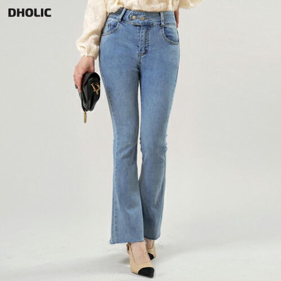 ツーボタンフレアデニムパンツ・t00824 レディース 【pt】 韓国ファッション ボトムス パンツ デニムパンツ ロング丈 ハイウエスト フレアパンツ ダブルボタン カットオフ スリム ハイウエスト ベルトループ 春 カジュアル