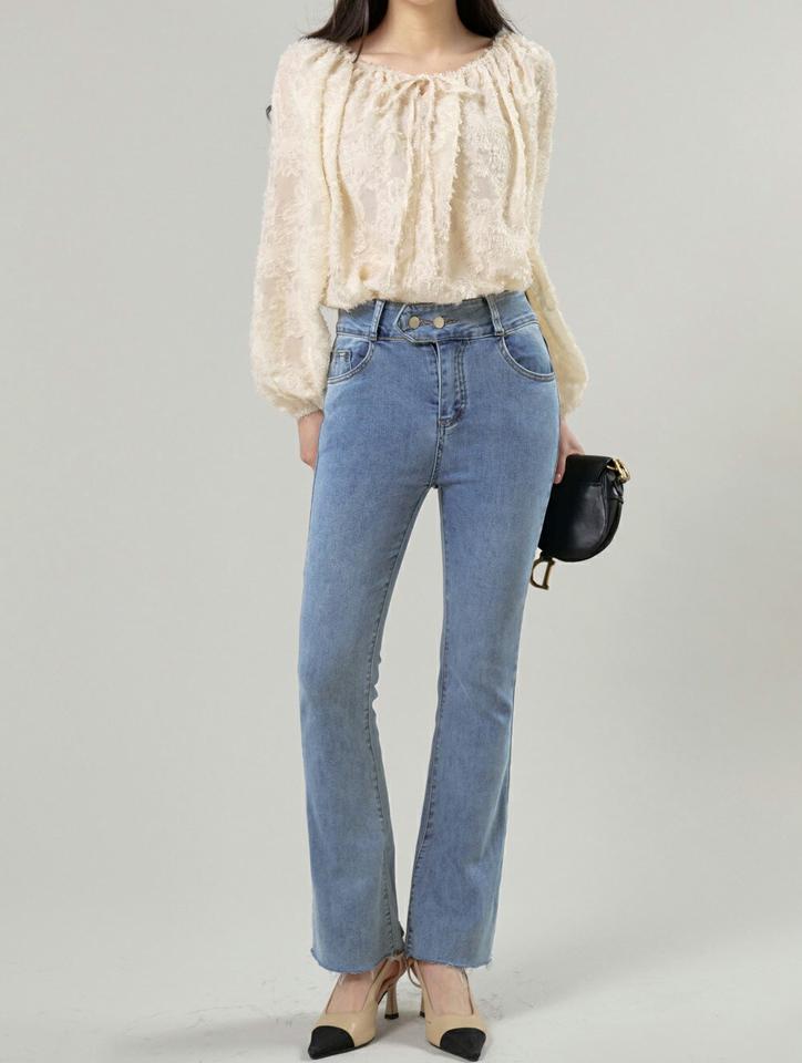 ツーボタンフレアデニムパンツ・t00824 レディース 【pt】 韓国ファッション ボトムス パンツ デニムパンツ ロング丈 ハイウエスト フレアパンツ ダブルボタン カットオフ スリム ハイウエスト ベルトループ 春 カジュアル