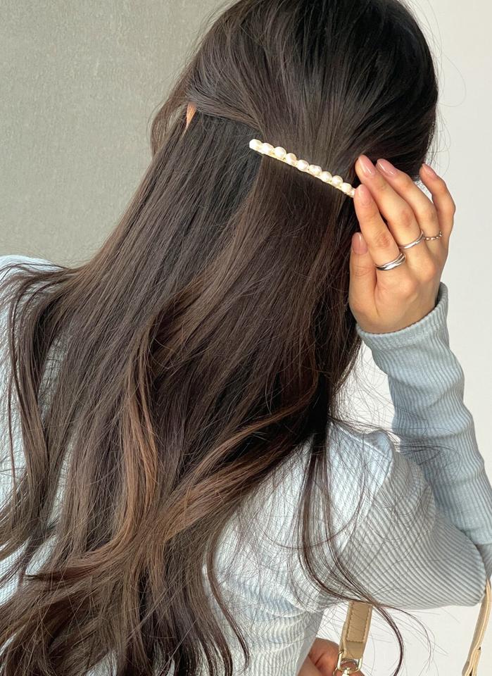 パールスリムバレッタ・d00829 レディース 【acc】 韓国ファッション ヘアアクセサリー ヘアクリップ 髪飾り ヘアスタイル ゴールド パール バレッタ カジュアル