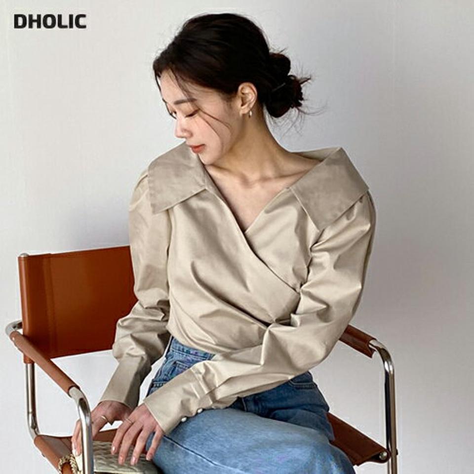 カラーカシュクールブラウス・t68656 レディース 【bl】トップス ブラウス カラー カシュクールVネック 長袖 肩ギャザー コットン 綿 Aライン 無地 単色 シンプル 大人 かわいい 可愛い カジュアル フェミニン 春 秋 韓国ファッション