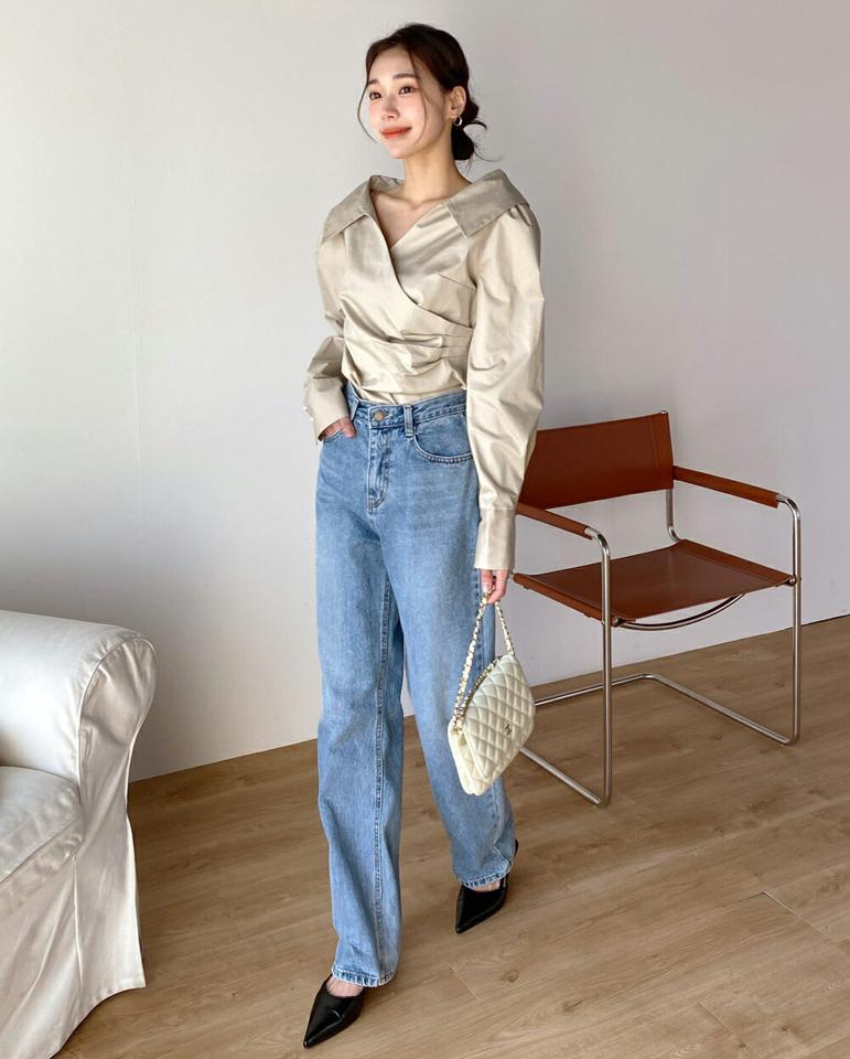 カラーカシュクールブラウス・t68656 レディース 【bl】トップス ブラウス カラー カシュクールVネック 長袖 肩ギャザー コットン 綿 Aライン 無地 単色 シンプル 大人 かわいい 可愛い カジュアル フェミニン 春 秋 韓国ファッション