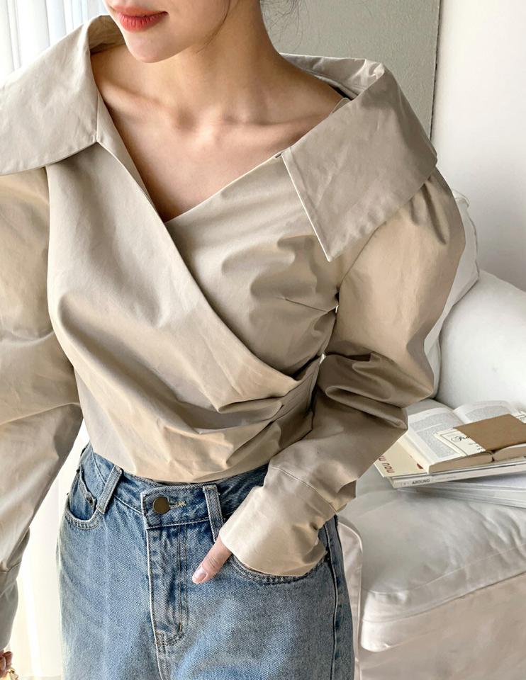 カラーカシュクールブラウス・t68656 レディース 【bl】トップス ブラウス カラー カシュクールVネック 長袖 肩ギャザー コットン 綿 Aライン 無地 単色 シンプル 大人 かわいい 可愛い カジュアル フェミニン 春 秋 韓国ファッション