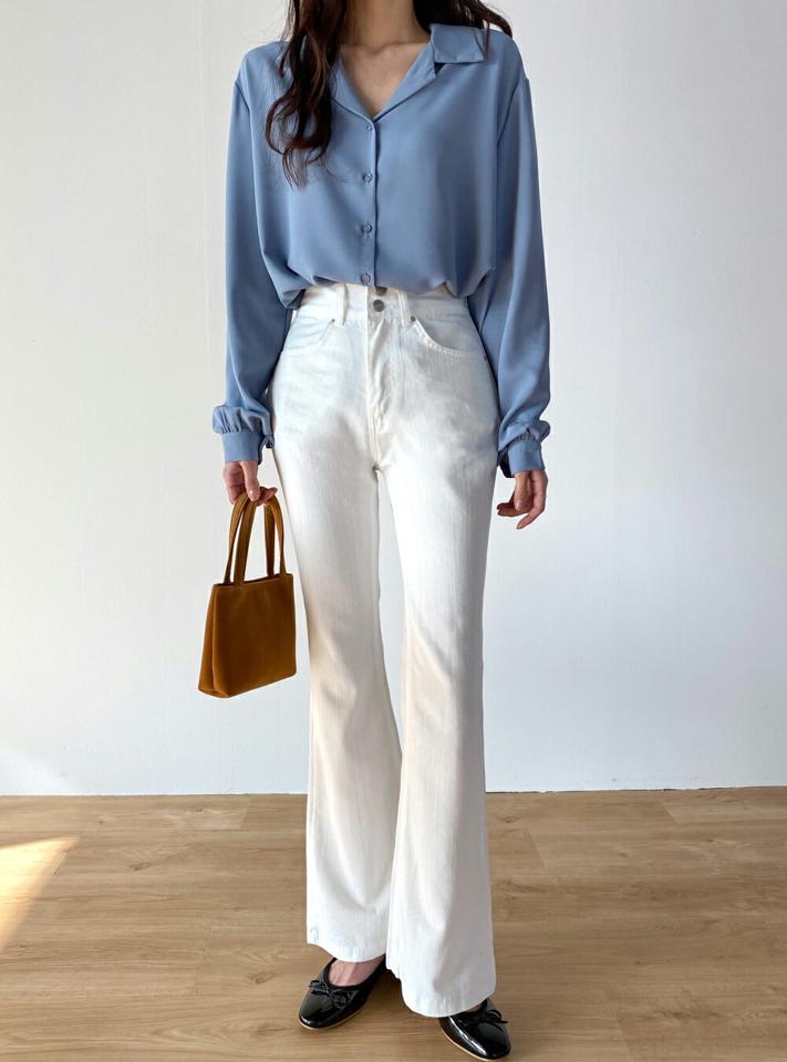 ツーボタンホワイトフレアパンツ・t71949 レディース 【pt】ボトムス ロング ロングパンツ コットン 綿 フレア ハイウエスト ベルトループ ロング丈 無地 単色 シンプル フェミニン カジュアル モダン 春 秋 韓国ファッション