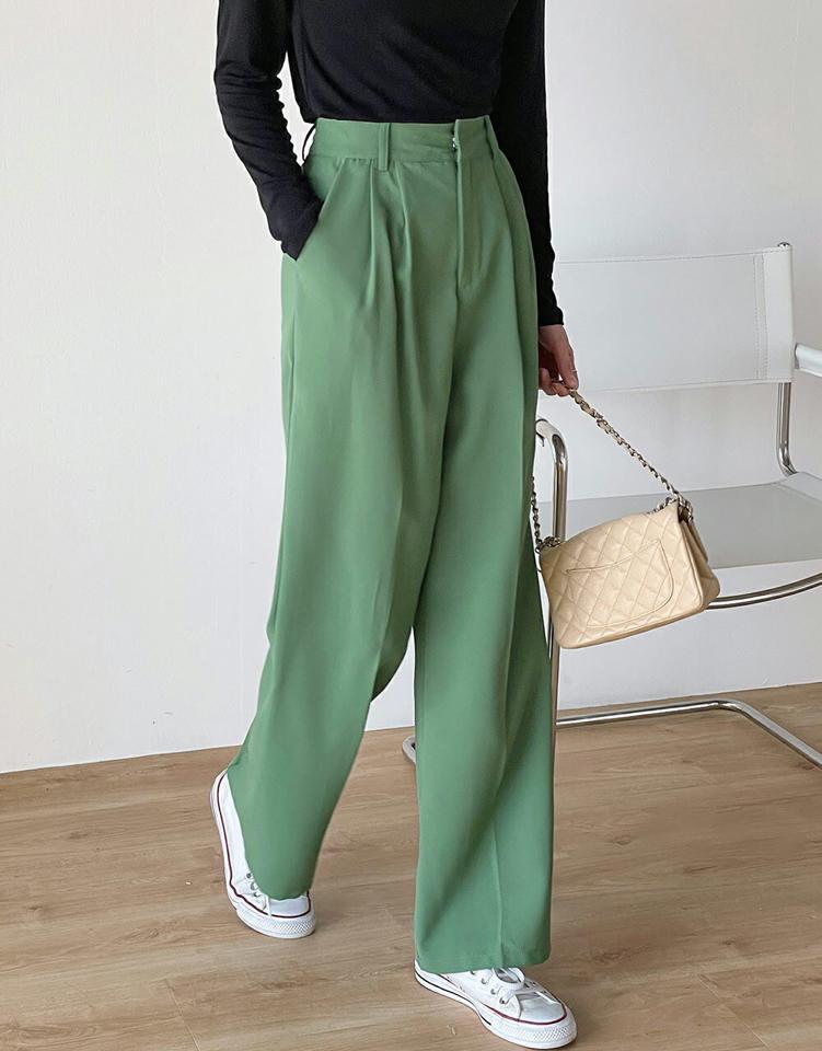 ツータックワイドスラックス・t71952 レディース 【pt】ボトムス ロング ロングパンツ スラックス ツータック ワイド ストレート センタープレス ハイウエスト ロング丈 無地 単色 シンプル フェミニン カジュアル 春 秋 韓国ファッション