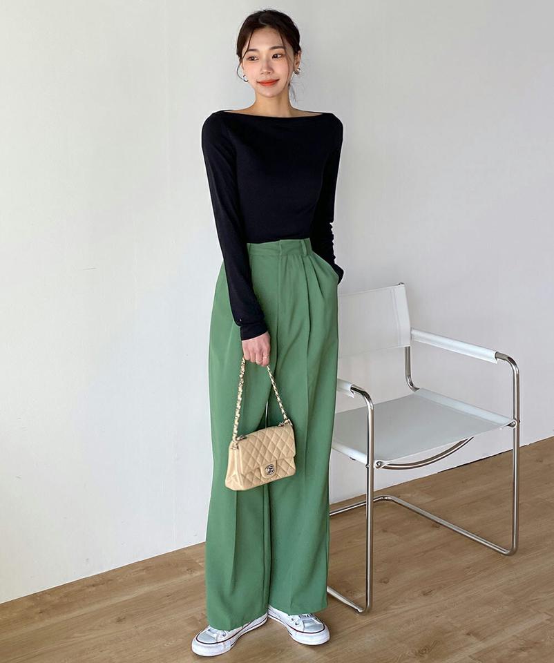 ツータックワイドスラックス・t71952 レディース 【pt】ボトムス ロング ロングパンツ スラックス ツータック ワイド ストレート センタープレス ハイウエスト ロング丈 無地 単色 シンプル フェミニン カジュアル 春 秋 韓国ファッション