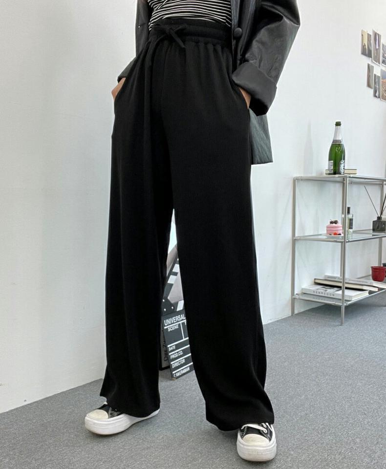 ウエストドロストパンツ・p003291 レディース 【pt】 韓国ファッション ボトムス パンツ ロング丈 フルレングス ハイウエスト ドロスト ストラップ ワイド ストレート 無地 シンプル ベーシック デイリー 春 夏 カジュアル MKT