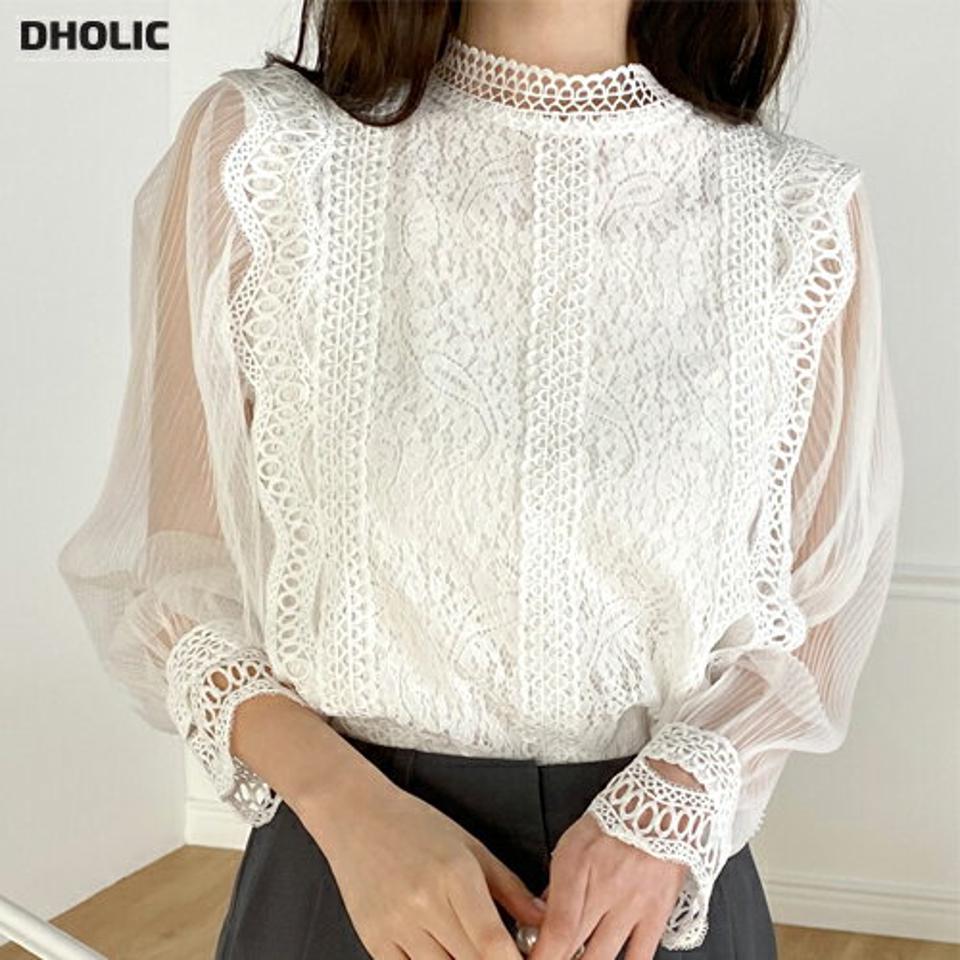 シアースリーブレースブラウス・b00473 レディース 【tops】 韓国ファッション トップス ブラウス 長袖 シアー レース ハーフネック ペイズリー プリーツ スリット 裏地付き 春 お出かけ カジュアル