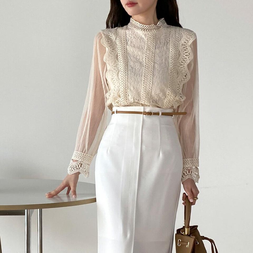 シアースリーブレースブラウス・b00473 レディース 【tops】 韓国ファッション トップス ブラウス 長袖 シアー レース ハーフネック ペイズリー プリーツ スリット 裏地付き 春 お出かけ カジュアル