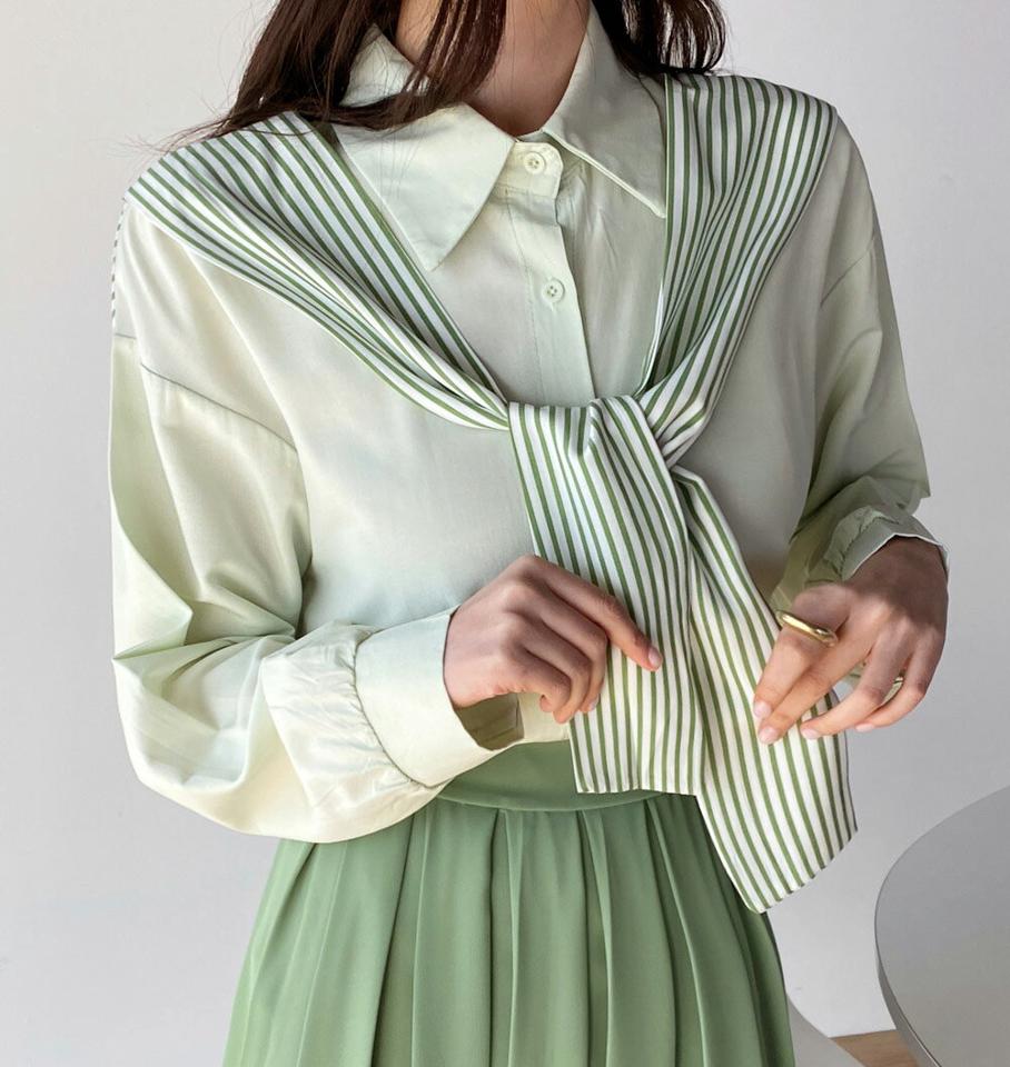 【10%OFF】ストライプショールレイヤード風シャツ・b00461 レディース 【bl】 韓国ファッション トップス シャツ ショール レイヤード風 カラーネック 長袖 ストライプ ナチュラルライン 無地 シンプル お出かけ 大人カジュアル 春 夏 カジュアル KWセール