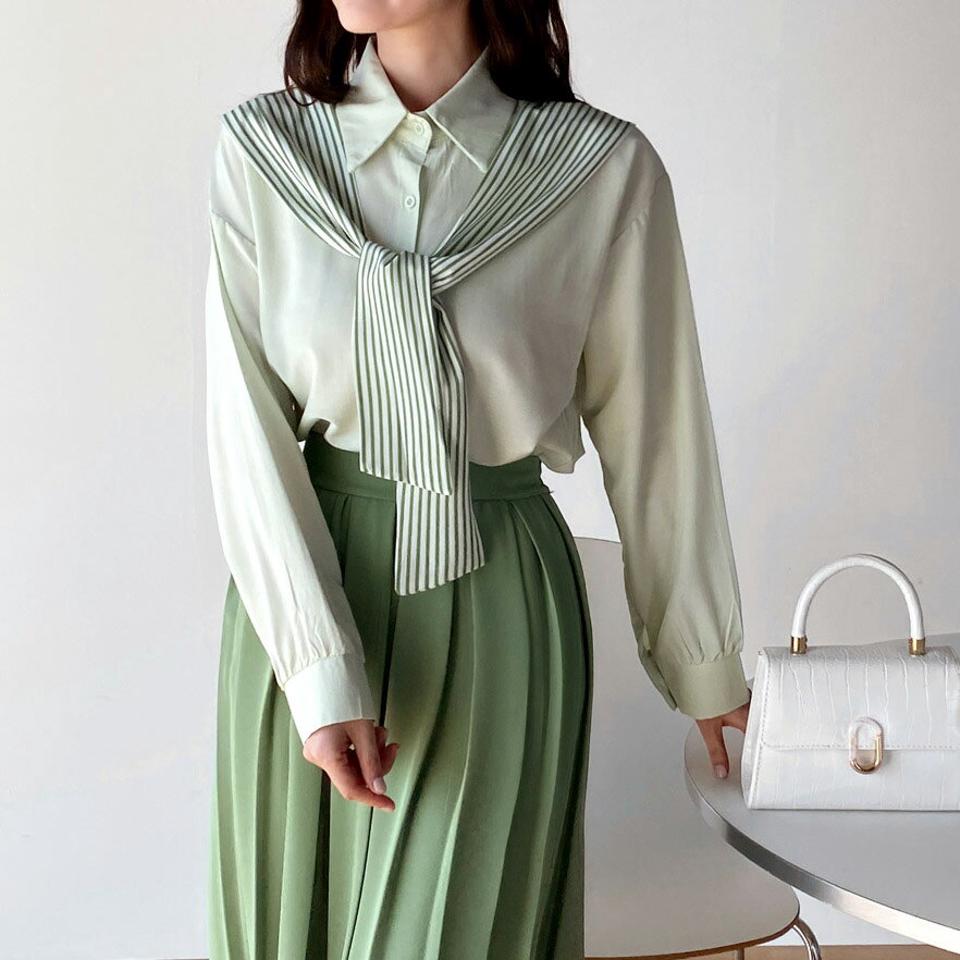 【10%OFF】ストライプショールレイヤード風シャツ・b00461 レディース 【bl】 韓国ファッション トップス シャツ ショール レイヤード風 カラーネック 長袖 ストライプ ナチュラルライン 無地 シンプル お出かけ 大人カジュアル 春 夏 カジュアル KWセール