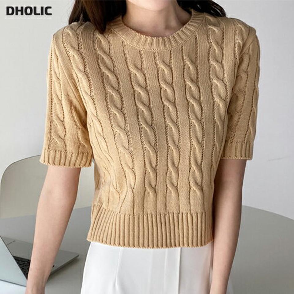≪人気商品再入荷≫ラウンドケーブル半袖ニット・t00454 レディース 【tops】 韓国ファッション トップス ニット ラウンドネック 半袖 クロップド ショート ケーブル リブヘム スリムフィット 無地 カラバリ ベーシック 大人 春 夏 デイリー カジュアル 人気