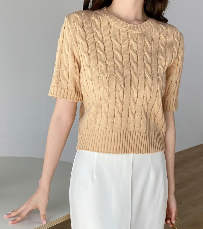 ≪人気商品再入荷≫ラウンドケーブル半袖ニット・t00454 レディース 【tops】 韓国ファッション トップス ニット ラウンドネック 半袖 クロップド ショート ケーブル リブヘム スリムフィット 無地 カラバリ ベーシック 大人 春 夏 デイリー カジュアル 人気