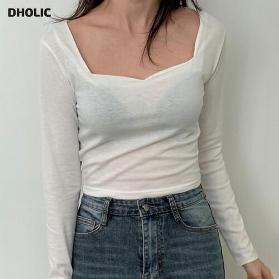 ハートネック長袖Tシャツ・p003481 レディース 【tops】トップス Tシャツ 長袖 単色 無地 シンプル ベーシック ハートネック 鎖骨 デコルテ スリム 細身 タイト ワイドネック 透け感 シアー 秋 冬 韓国ファッション MKT