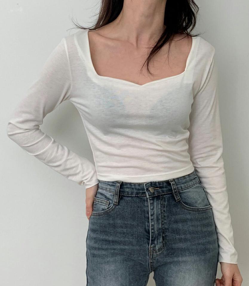 ハートネック長袖Tシャツ・p003481 レディース 【tops】トップス Tシャツ 長袖 単色 無地 シンプル ベーシック ハートネック 鎖骨 デコルテ スリム 細身 タイト ワイドネック 透け感 シアー 秋 冬 韓国ファッション MKT