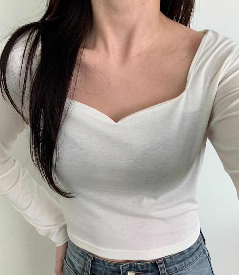 ハートネック長袖Tシャツ・p003481 レディース 【tops】トップス Tシャツ 長袖 単色 無地 シンプル ベーシック ハートネック 鎖骨 デコルテ スリム 細身 タイト ワイドネック 透け感 シアー 秋 冬 韓国ファッション MKT