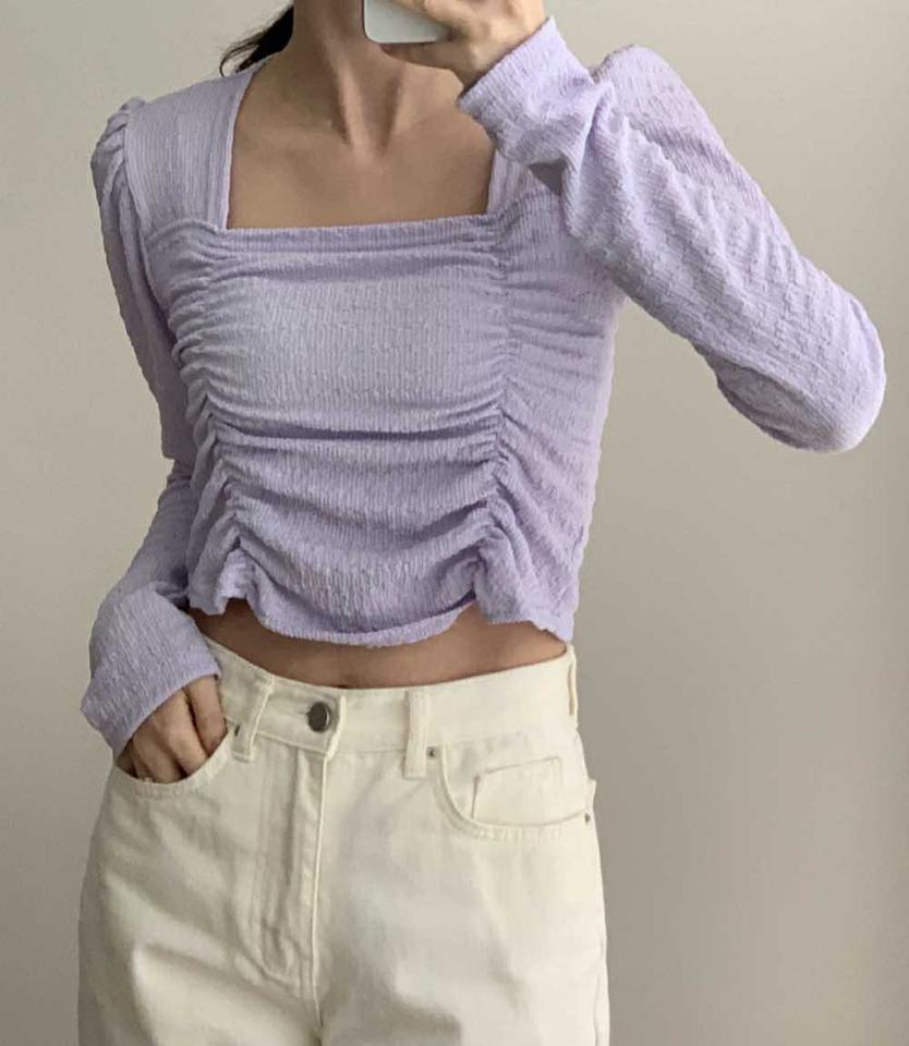 スクエアシャーリングリンクルTシャツ・p003623 レディース 【tops】トップス Tシャツ 長袖 単色 無地 シンプル ベーシック スクエアネック 鎖骨 デコルテ シャーリング リンクル パステル 秋 冬 クロップド丈 韓国ファッション MKT