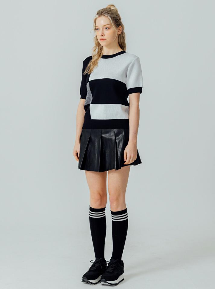 【送料無料】カラーブロック半袖ニット・p003630 レディース 【tops】トップス ニット セーター 半袖 柄 模様 配色 バイカラー サマーニット 春 夏 カジュアル ラフ ユニーク モード 韓国ファッション MKT【GOLFWEAR ゴルフウェア】