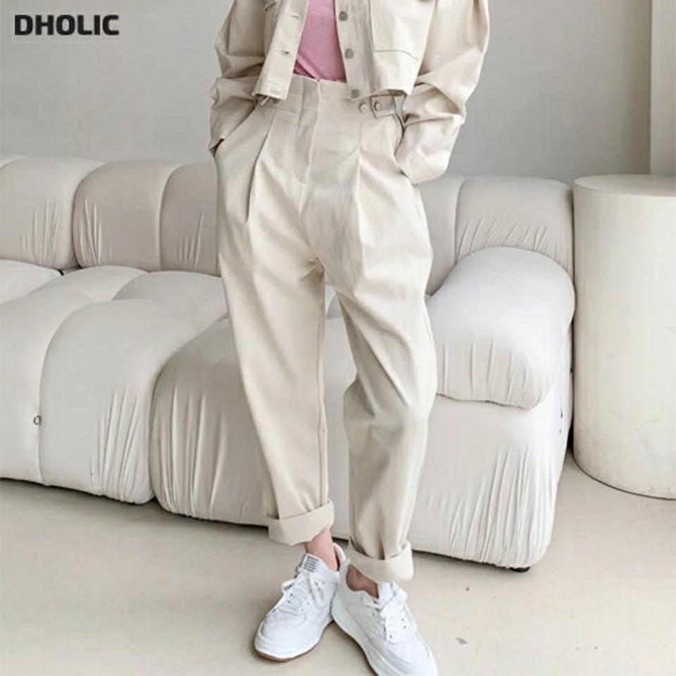 ボタンストラップパンツ・p003167 レディース 【pt】パンツ ロング丈 単色 無地 シンプル ベーシック ストラップ タック ハイウエスト 春 夏 秋 冬 カジュアル ラフ 脚長 かっこいい 韓国ファッション MKT