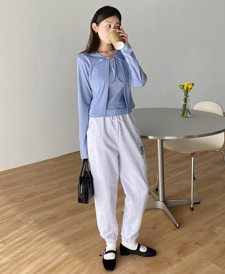 ストリング付Bバッチスウェットジョガーパンツ・t00517 レディース 【pt】 韓国ファッション パンツ ボトムス スウェット ロング丈 ハイウエスト ローストリング 裾ゴム 刺繍 ストリート カジュアル カジュアル