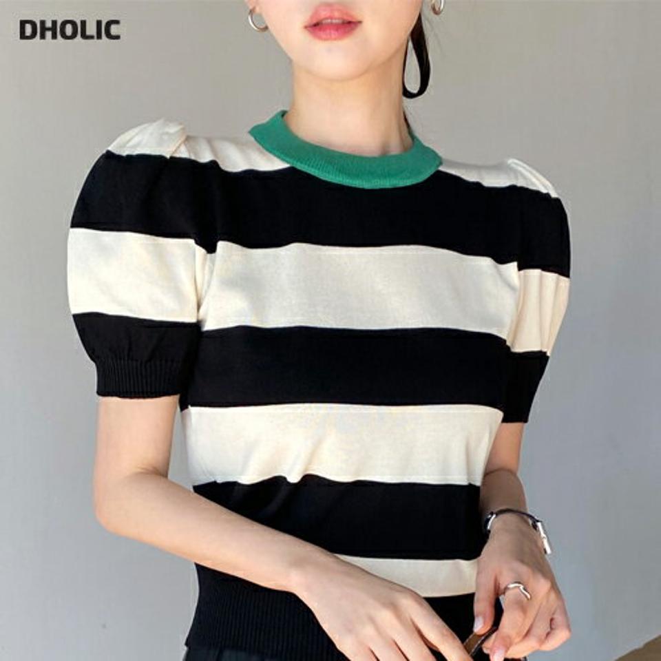ボーダー配色パフ半袖ニット・b00508 レディース 【tops】 韓国ファッション トップス ニット ラウンドネック 配色カラー 半袖 パフスリーブ ボリューム ボーダー クロップド ショート スリムフィット ガーリー お出かけ 春 夏 カジュアル