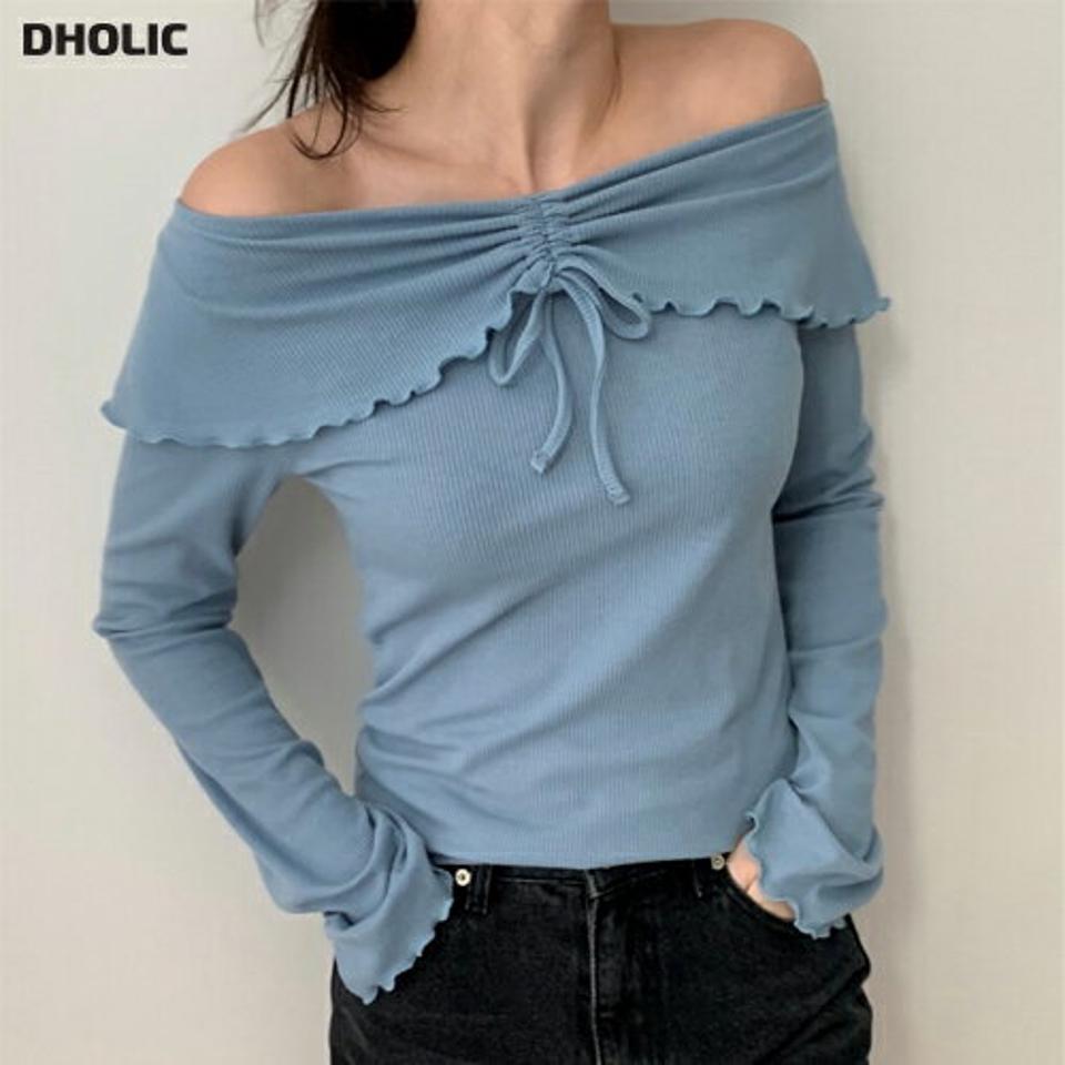 2WAYメロウドロストTシャツ・p003483 レディース 【tops】トップス Tシャツ 長袖 単色 無地 シンプル ベーシック 2WAY メロウドロスト オフショルダー 鎖骨 デコルテ リボン りぼん 秋 冬 かわいい キュート 韓国ファッション MKT