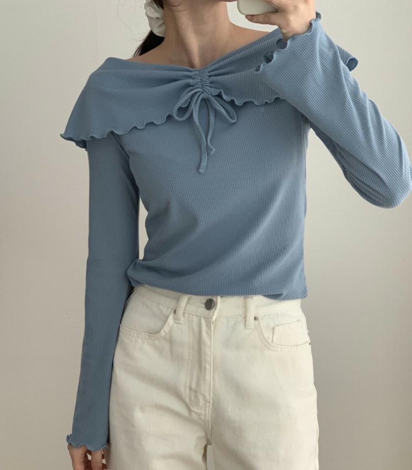 2WAYメロウドロストTシャツ・p003483 レディース 【tops】トップス Tシャツ 長袖 単色 無地 シンプル ベーシック 2WAY メロウドロスト オフショルダー 鎖骨 デコルテ リボン りぼん 秋 冬 かわいい キュート 韓国ファッション MKT