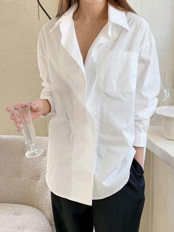 2WAYワンポケットシャツ・p003604 レディース 【bl】ブラウス トップス 長袖 単色 無地 シンプル ベーシック 2WAY ラップ クロス Vネック 鎖骨 デコルテ ルーズ ゆったり 秋 冬 カジュアル ラフ 韓国ファッション MKT