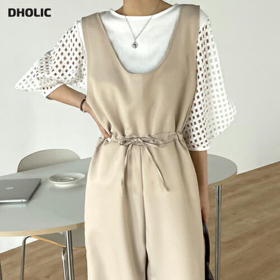 ドロストノースリオールインワン・t00520 レディース 【pt】 韓国ファッション オールインワン パンツ Uネック ノースリーブ ドロスト ストリング ワイド ストレート ルーズフィット ゆったり 無地 デイリー モード 春 夏 カジュアル