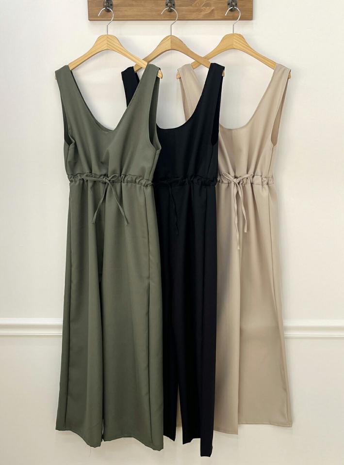 ドロストノースリオールインワン・t00520 レディース 【pt】 韓国ファッション オールインワン パンツ Uネック ノースリーブ ドロスト ストリング ワイド ストレート ルーズフィット ゆったり 無地 デイリー モード 春 夏 カジュアル