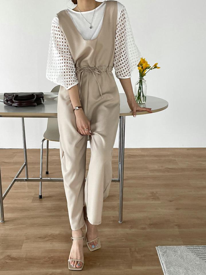 ドロストノースリオールインワン・t00520 レディース 【pt】 韓国ファッション オールインワン パンツ Uネック ノースリーブ ドロスト ストリング ワイド ストレート ルーズフィット ゆったり 無地 デイリー モード 春 夏 カジュアル