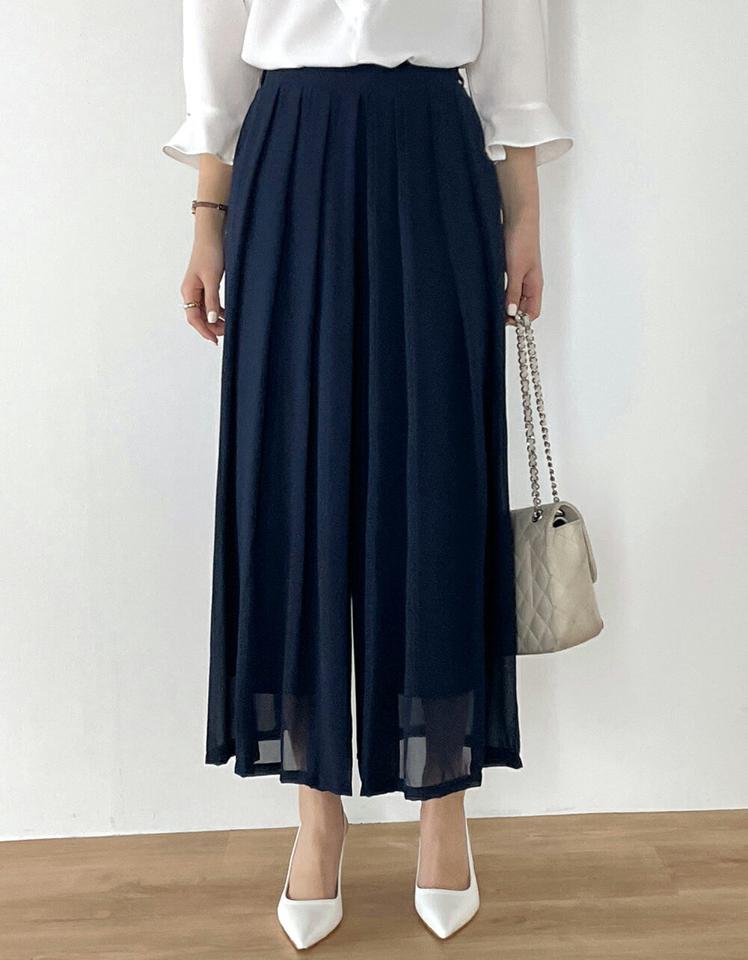 タックシフォンフレアパンツ・b00522 レディース 【pt】 韓国ファッション ボトムス パンツ ロング丈 9分丈 ハイウエスト タック シフォン フレア シアー 透け感 無地 デイリー 大人 お出かけ フェミニン 春 夏 カジュアル