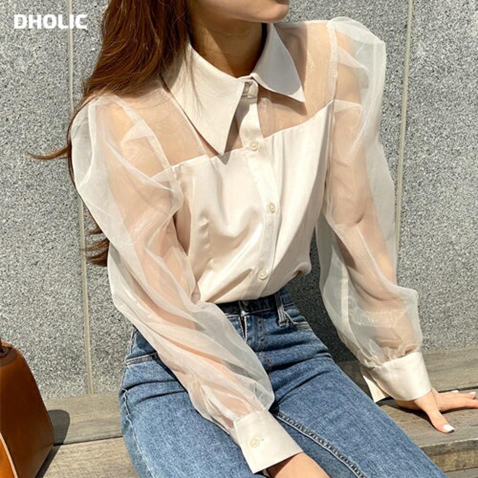 シアーカラーパフブラウス・b00524 レディース 【tops】 韓国ファッション トップス ブラウス 長袖 シアー カラー パフ シースルー ラウンドヘム 春 お出かけ フェミニン ガーリー カジュアル