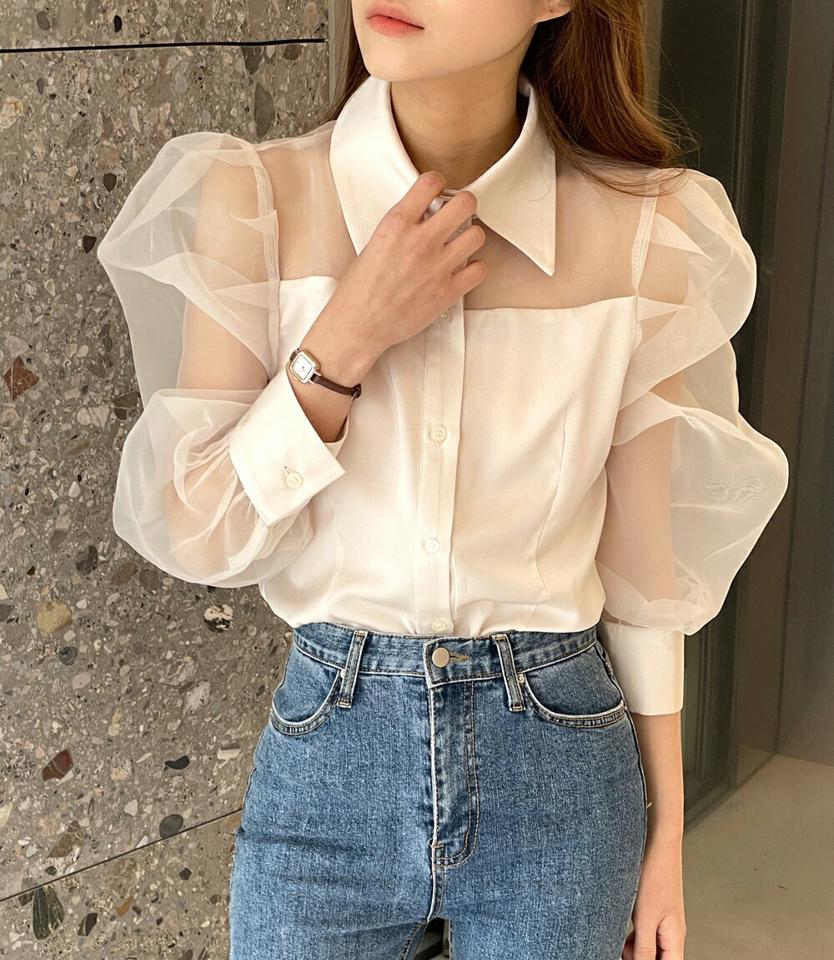 シアーカラーパフブラウス・b00524 レディース 【tops】 韓国ファッション トップス ブラウス 長袖 シアー カラー パフ シースルー ラウンドヘム 春 お出かけ フェミニン ガーリー カジュアル