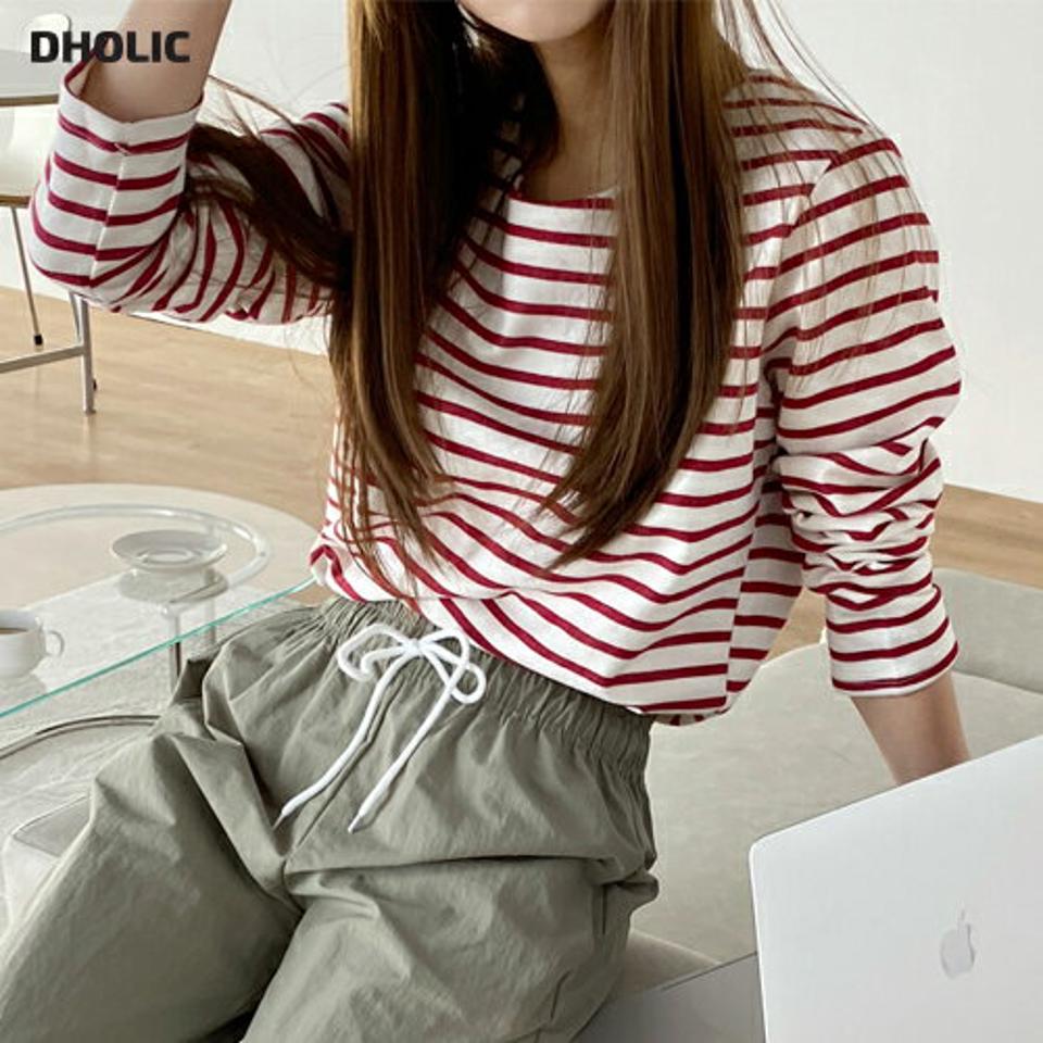 ステッチラウンドボーダーTシャツ・t00503 レディース 【tops】 韓国ファッション トップス ステッチ ボーダー ラウンド ネック 長袖 定番 ベーシック シンプル 着回し 春お 出かけ カジュアル レジャー カジュアル
