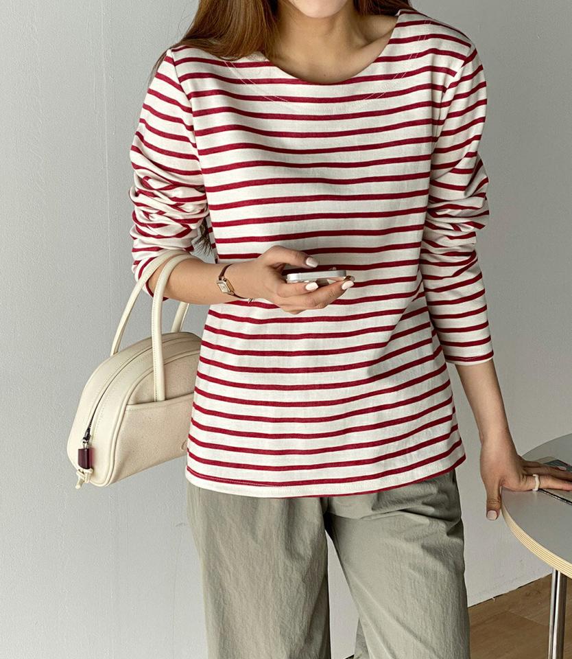 ステッチラウンドボーダーTシャツ・t00503 レディース 【tops】 韓国ファッション トップス ステッチ ボーダー ラウンド ネック 長袖 定番 ベーシック シンプル 着回し 春お 出かけ カジュアル レジャー カジュアル