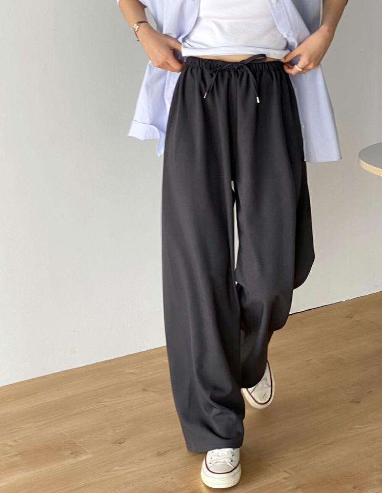 ドロストワイドパンツ・t00521 レディース 【pt】 韓国ファッション パンツ ボトムス ワイド ロング丈 着回し シンプル デイリー ストレート メランジカラー ハイウエスト 生地 春 オフィスカジュアル お出かけ カジュアル